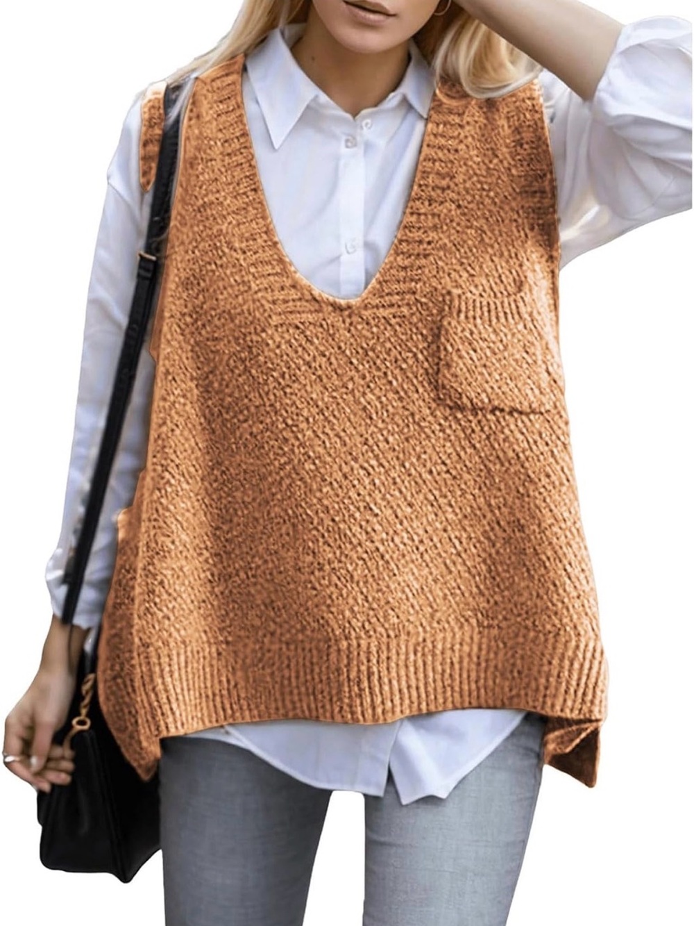 Women’s Tan Knit V-Neck Sweater Vest